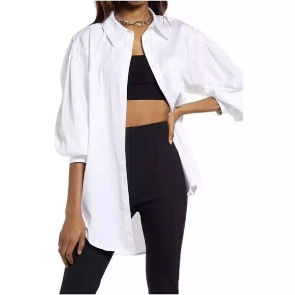 Open Edit Women White Organic Cotton Poplin Oversize Button Down Blouse Small - Picture 13 of 13